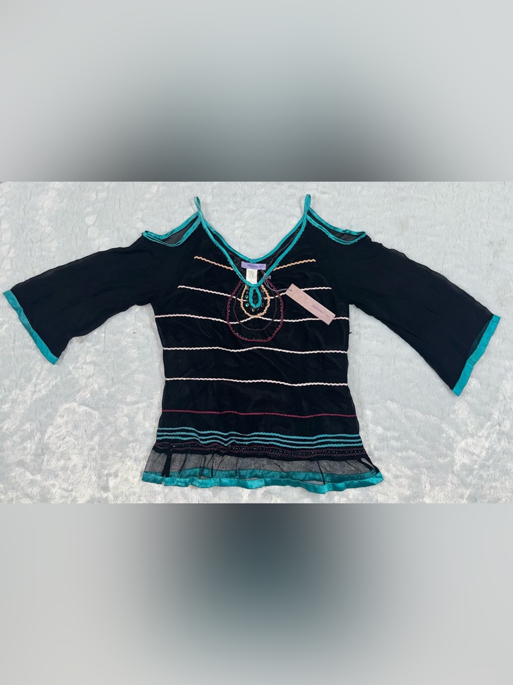 Runaway 101 100% Silk Vintage Blouse with Teal Trim and Embroidered Accents
